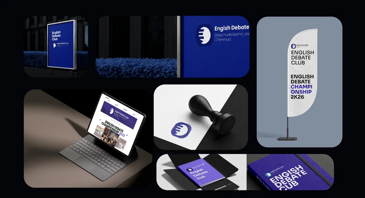 English Debate Club’s blue identity across digital and printed touchpoints