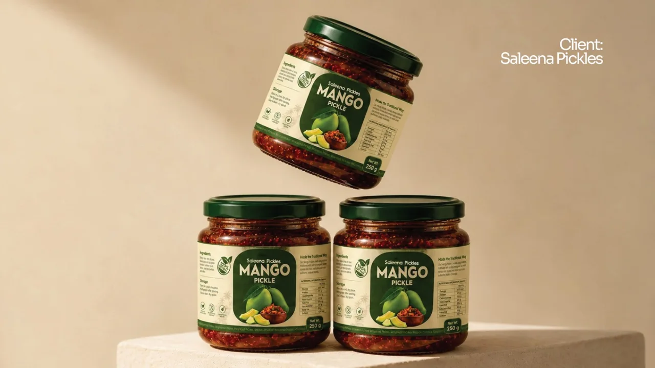 Saleena Pickles mango jars with green labels and rich product photography